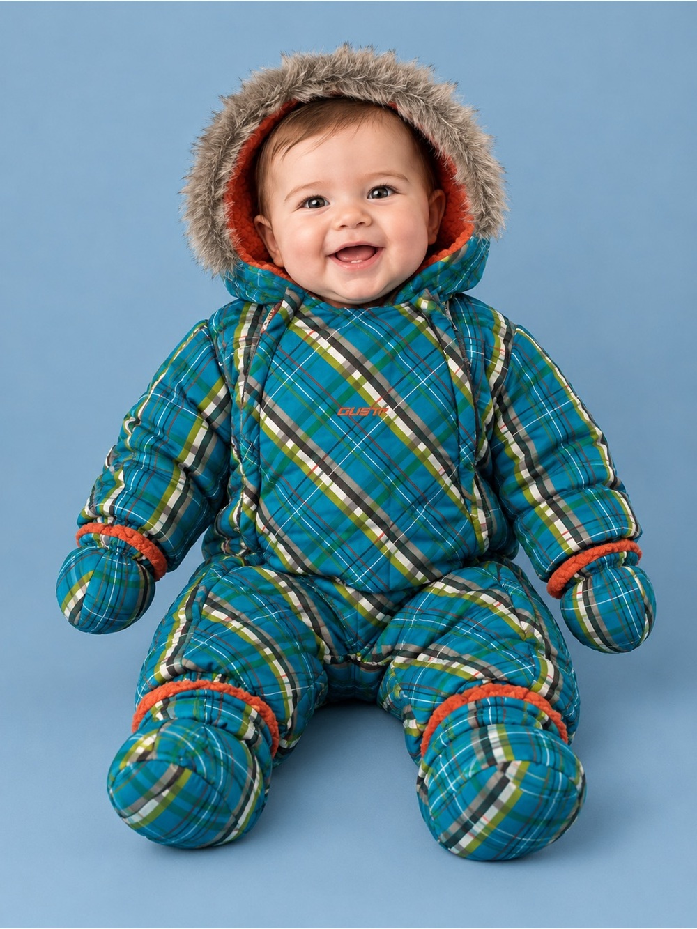 Gusti Baby 9 mths 1 Piece Plaid Snowsuit with Mittens & Booties Fur Hood Unisex